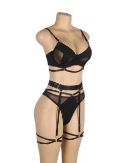 marielove Bikini Sets|Black Mesh Underwire Lingerie Set – Garter & Bra, Sexy High-Quality Outfit