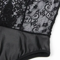 marielove Body Sets|Black Sleeveless Lace Bodysuit – Deep V-Neck Faux Leather, Sexy High-Quality Lingerie