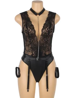 marielove Body Sets|Black Sleeveless Lace Bodysuit – Deep V-Neck Faux Leather, Sexy High-Quality Lingerie