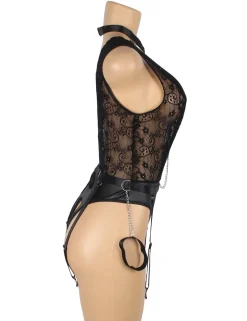 marielove Body Sets|Black Sleeveless Lace Bodysuit – Deep V-Neck Faux Leather, Sexy High-Quality Lingerie