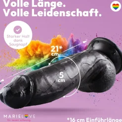marielove Realistischer Dildo|Saugnapfdildo|Dildo 21 cm mit Hoden & Saugnapf – gebogener Penis mit Adern & Eichel, Schwarz