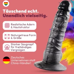 marielove Realistischer Dildo|Saugnapfdildo|Dildo 20cm mit Hoden & Saugnapf – Schlank, Schwarz