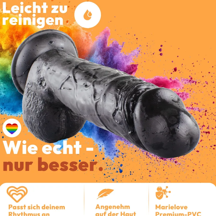 marielove Realistischer Dildo|Saugnapfdildo|Dildo XXL 24 cm mit Hoden & Saugnapf – Penis mit Adern & Eichel, Schwarz