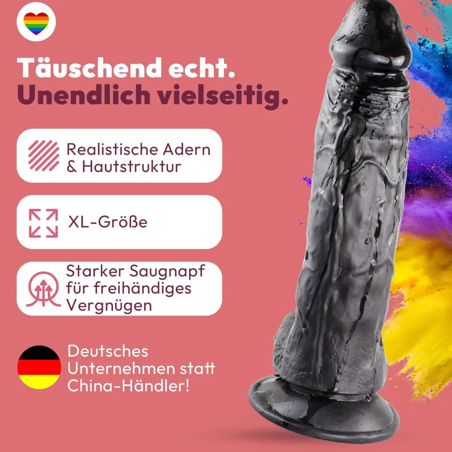 marielove Realistischer Dildo|Saugnapfdildo|Dildo XXL 24 cm mit Hoden & Saugnapf – Penis mit Adern & Eichel, Schwarz
