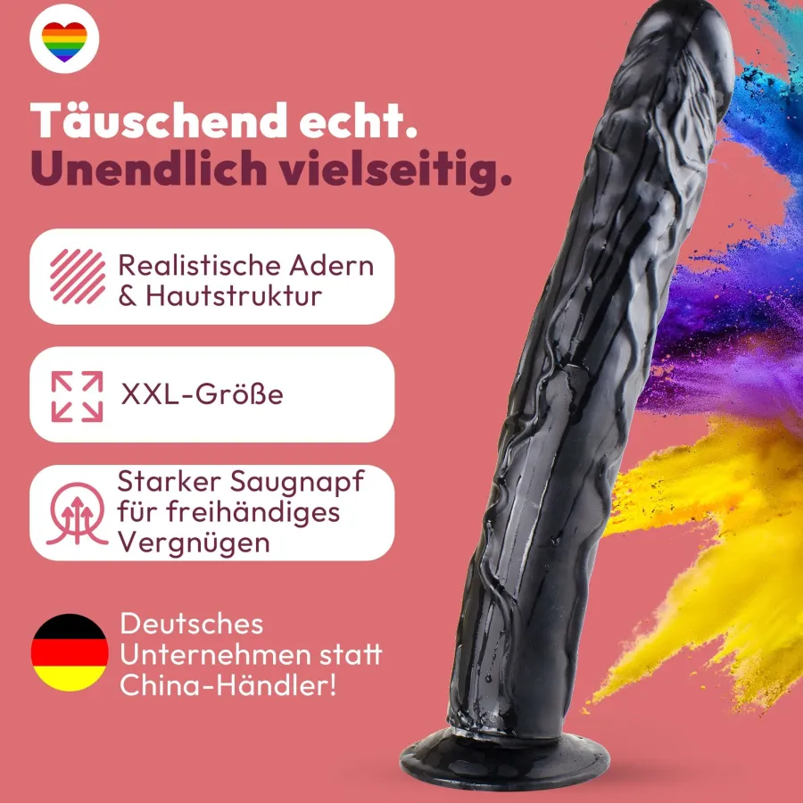 marielove Realistischer Dildo|Saugnapfdildo|Dildo XXL 36cm mit Saugnapf – Riesendildo, Schwarz