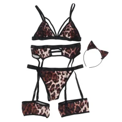 marielove Bikini Sets|Leopard Print Sexy Lingerie Set – Headwear, Garter & Bra Outfit, High-Quality