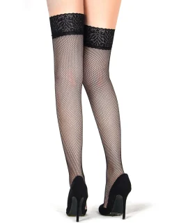 marielove Strümpfe|Schwarze Fishnet Oberschenkelstrümpfe mit Spitzenband, Silikon, 88% Nylon, 12% Spandex