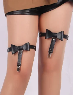 marielove Accessoires|Schwarze PU Leder Beinschleifen mit Nieten & Schleife, verstellbar, Punk Garter Clips