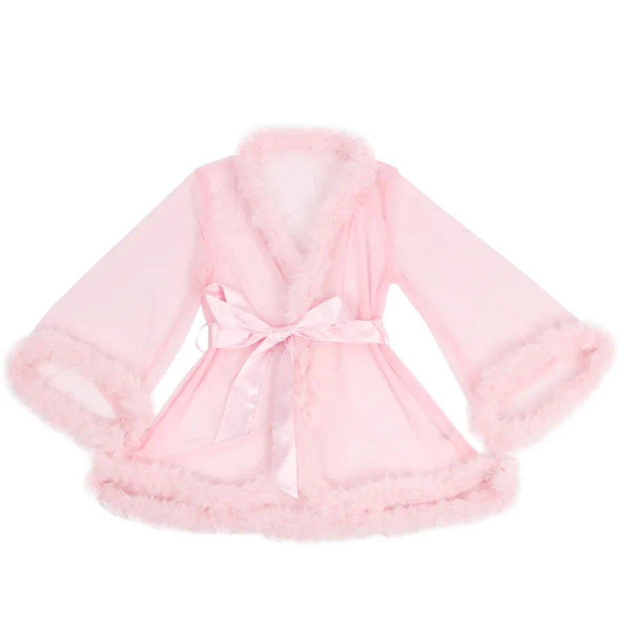 marielove Nachtwäsche|Sexy Kurze Morgenrobe – Pinkes Mesh & Nerz-Fell, Gürtel, verführerische Lingerie