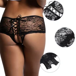 marielove Strings|Sexy Schwarze Open-Crotch Panty mit Blumen-Spitze, 88% Nylon, 12% Spandex