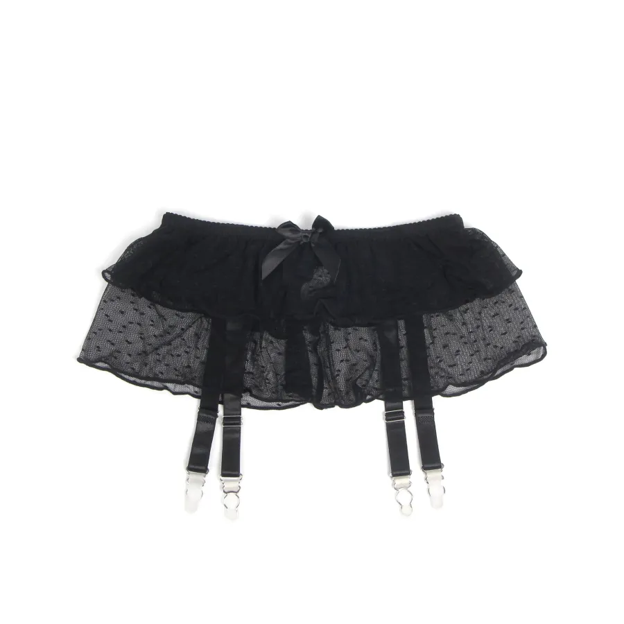marielove Strumpfhalter Sets|Sexy Schwarzer Garter Belt aus Mesh mit Punkten & Metall-Schnallen, 88% Nylon, 12% Spandex