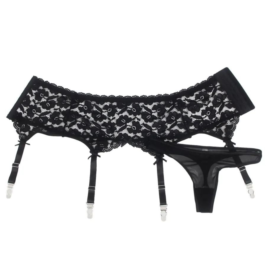 marielove Strumpfhalter Sets|Sexy Schwarze Spitzen-Garter-Panty mit Metall-Clips, 88% Nylon, 12% Spandex, verstellbar